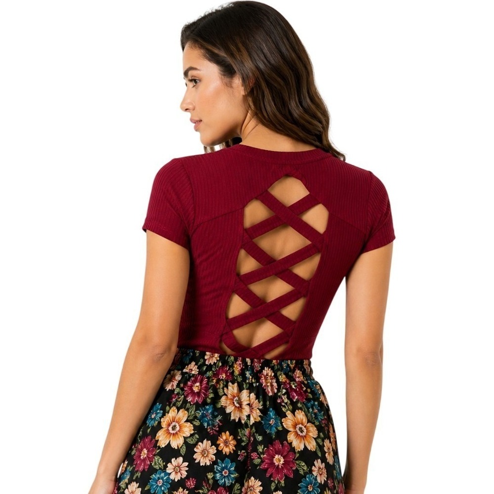 Iris Bodysuit Women M Burgundy Ribbed Strappy Lattice Open Back Fitted‎